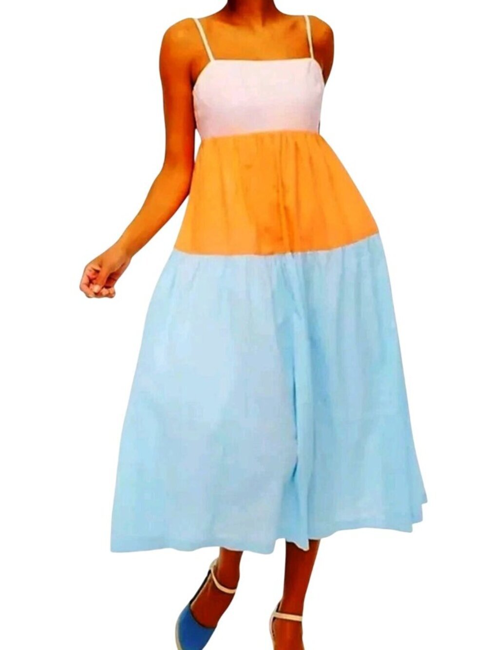 J.Crew Colorblock Tie Back Tiered Midi Dress Pockets Adjustable Straps Size 6